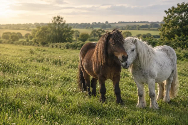 Illustrative Welsh ponies in a peaceful green meadow