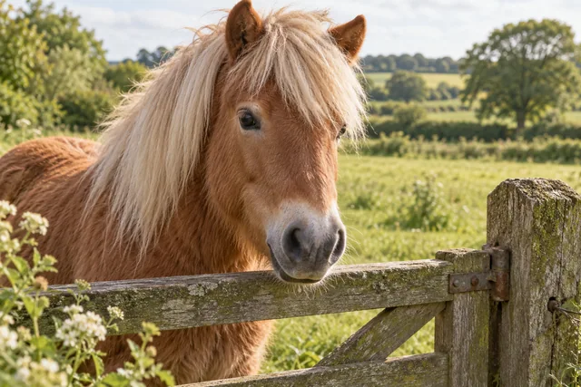 Illustrative chestnut pony by a paddock gate
